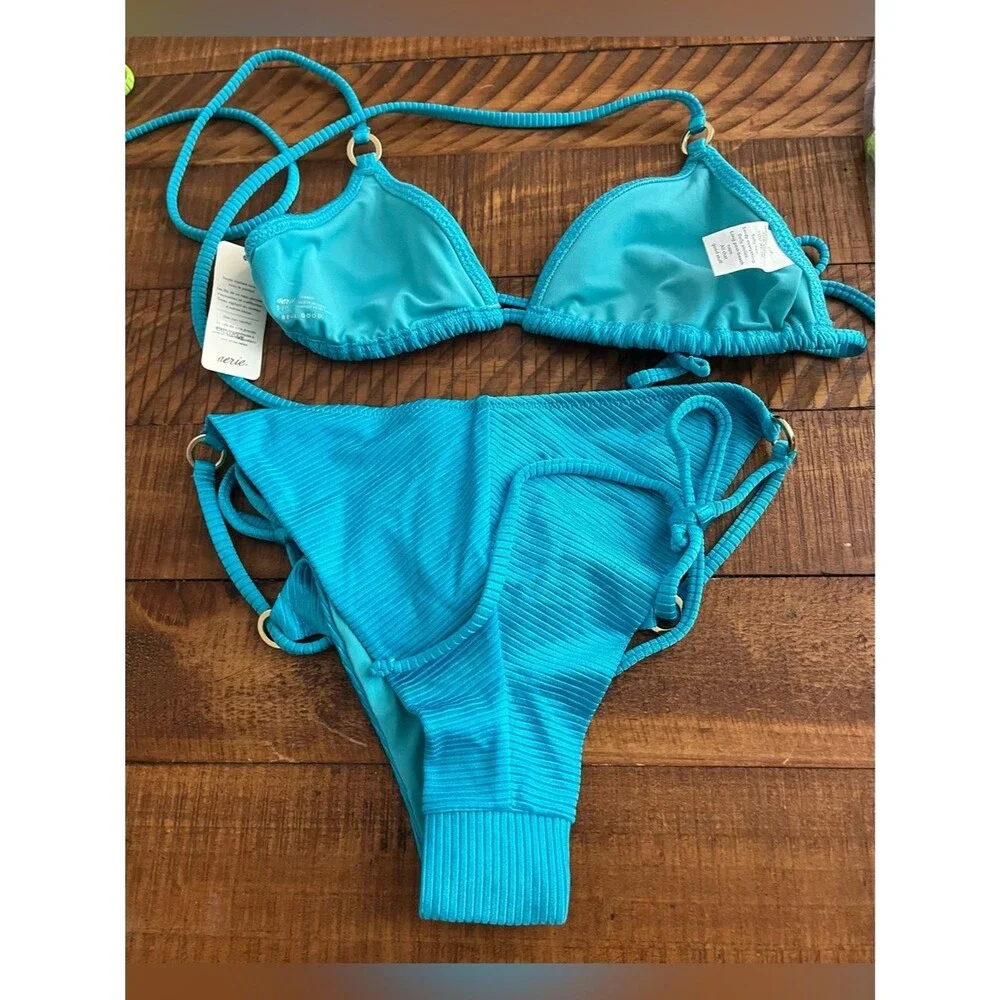 NWT Aerie FULL SET Shine Rib String Triangle Top + Cheekiest Tie Bottom Blue - S - Picture 3 of 4